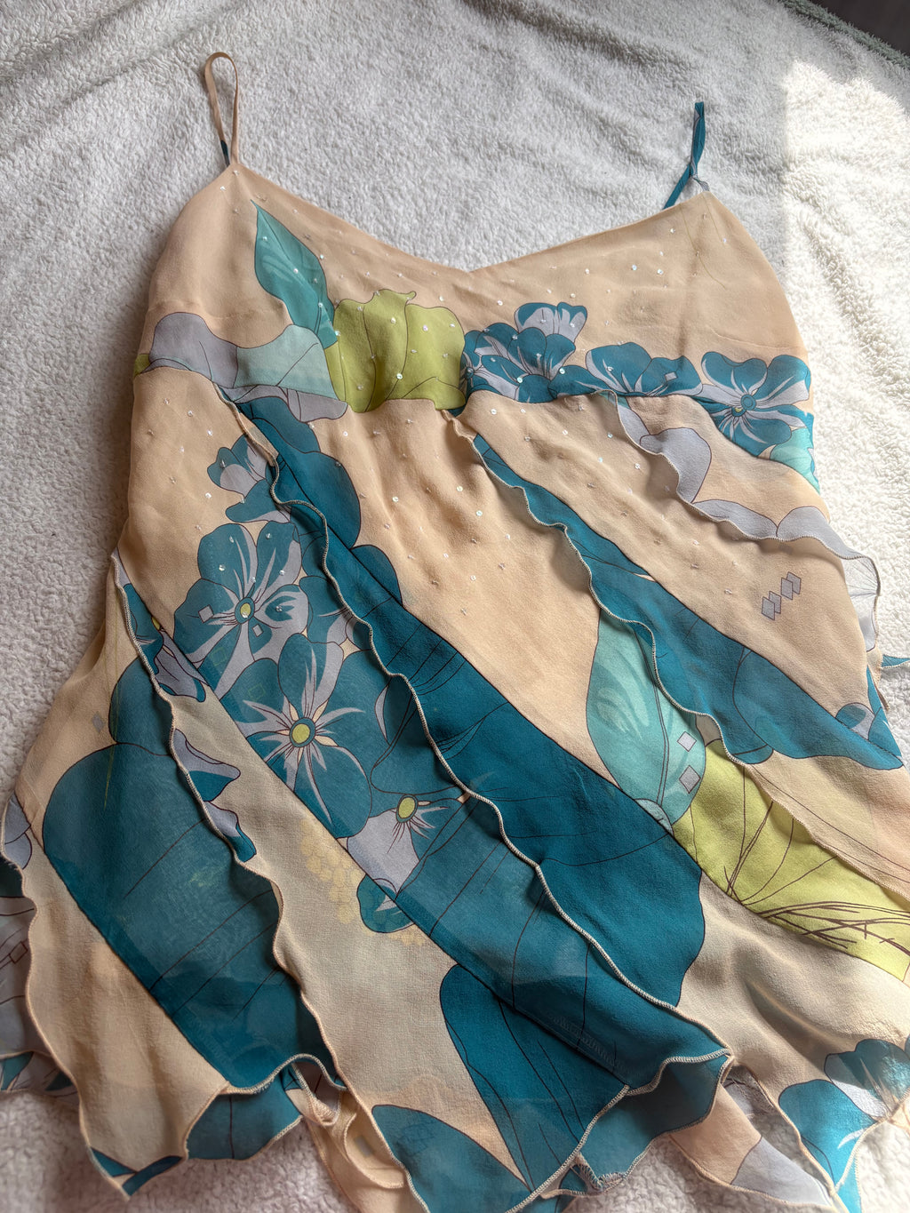 Asymmetric Floral Beige and Blue Cami