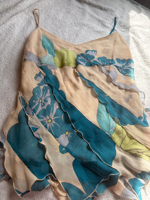 Asymmetric Floral Beige and Blue Cami