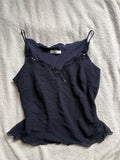 Navy Silk Cami top with beading and lettuce hem