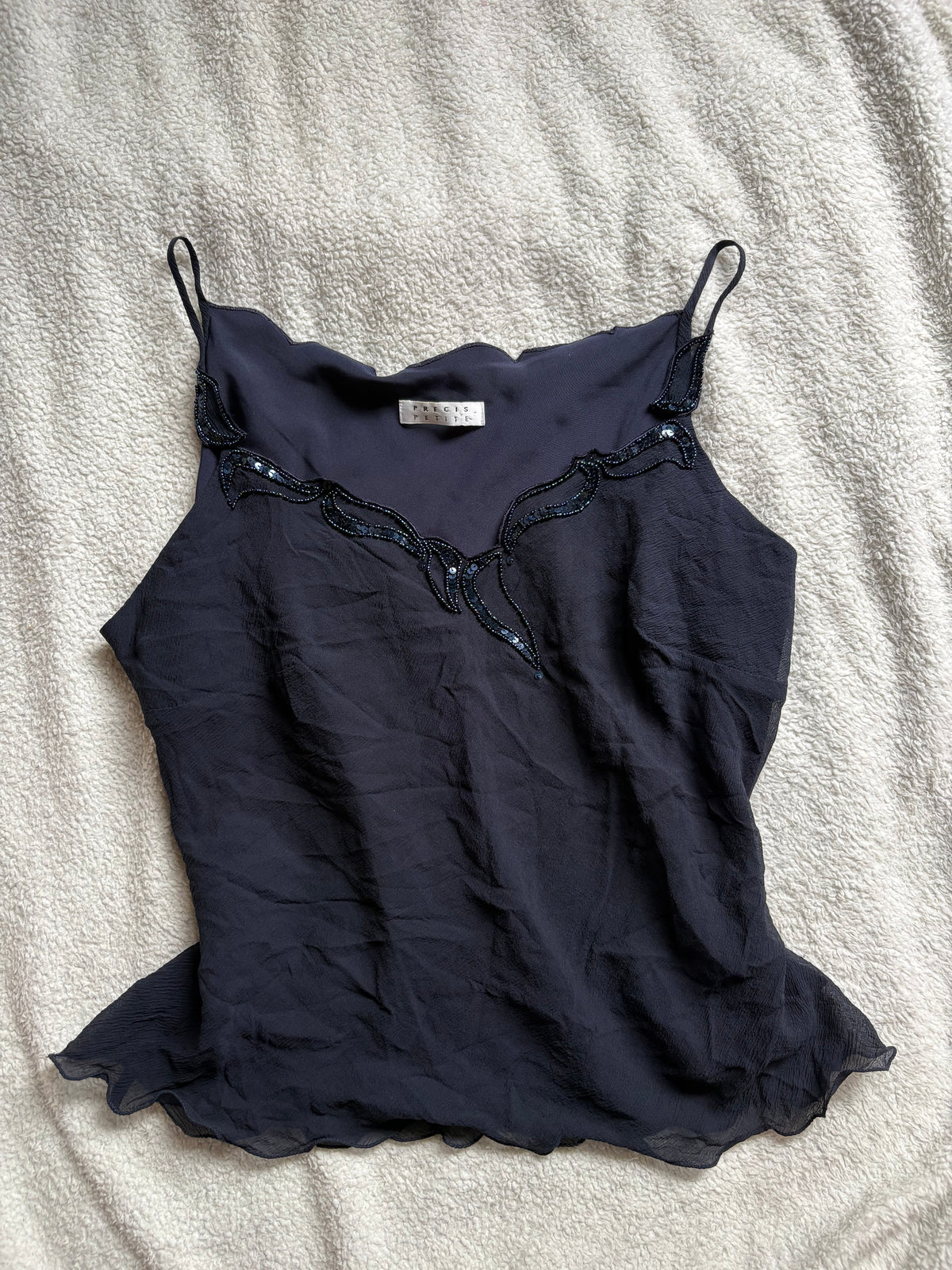 Navy Silk Cami top with beading and lettuce hem
