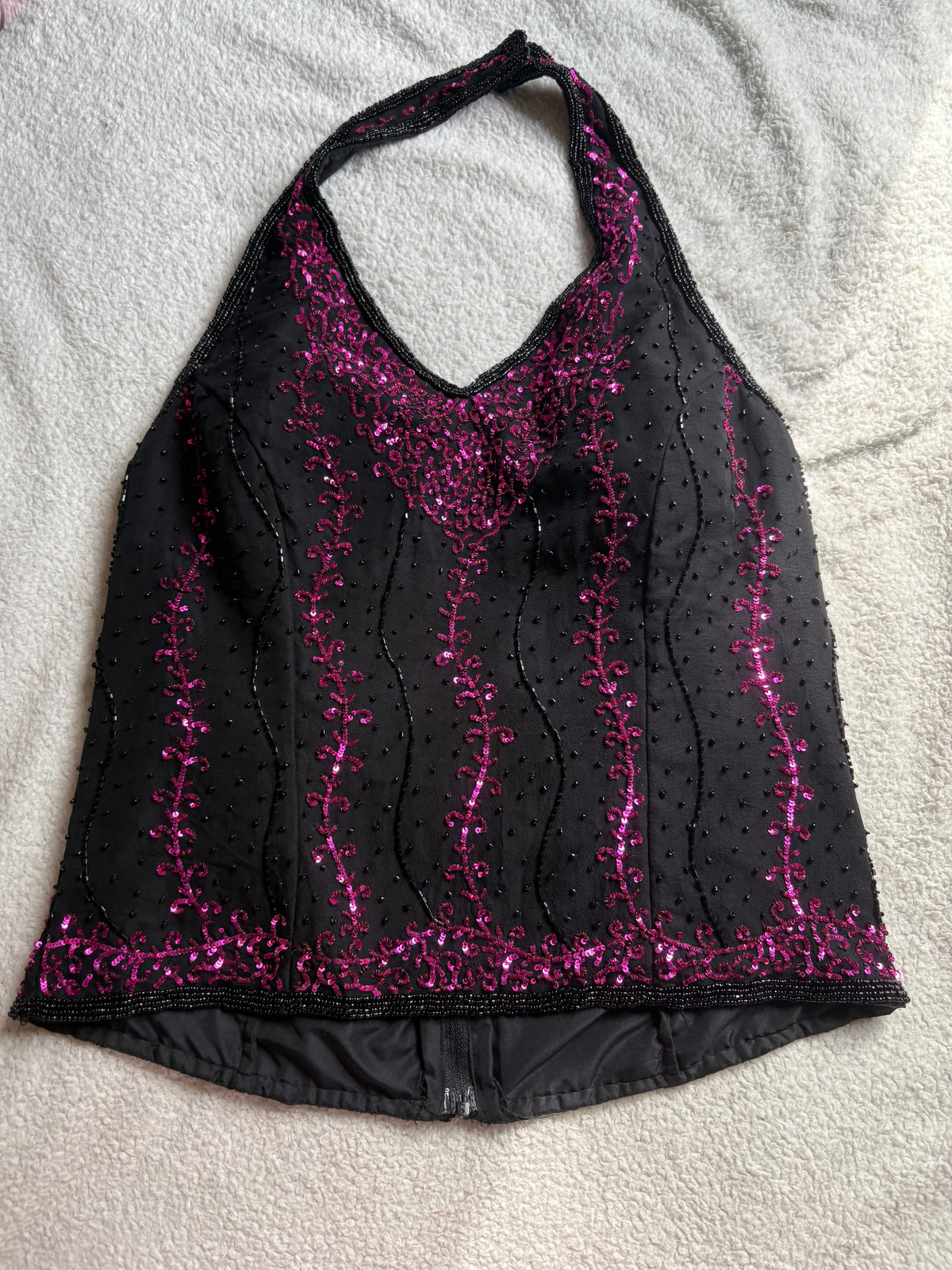Silk Halter-Neck with pink beaded details
