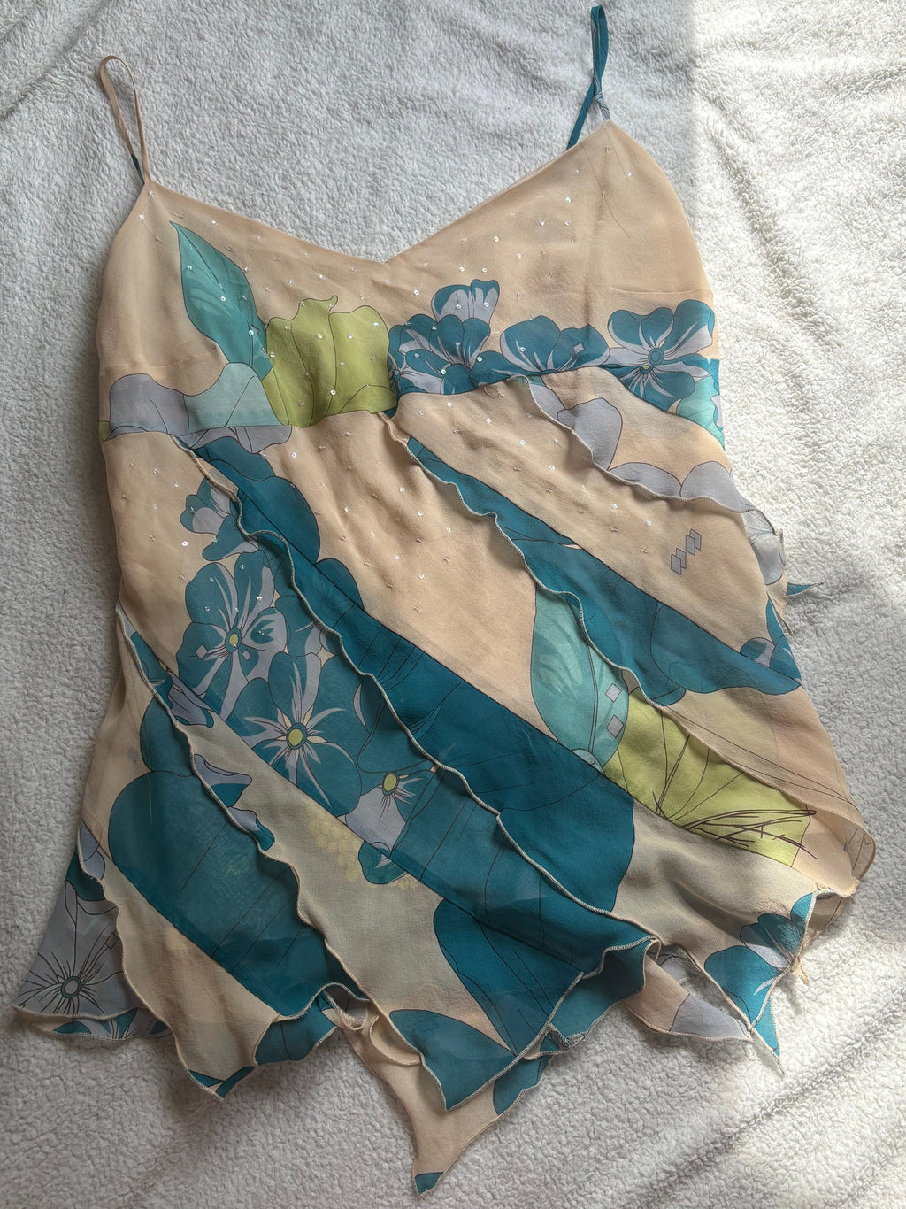 Asymmetric Floral Beige and Blue Cami