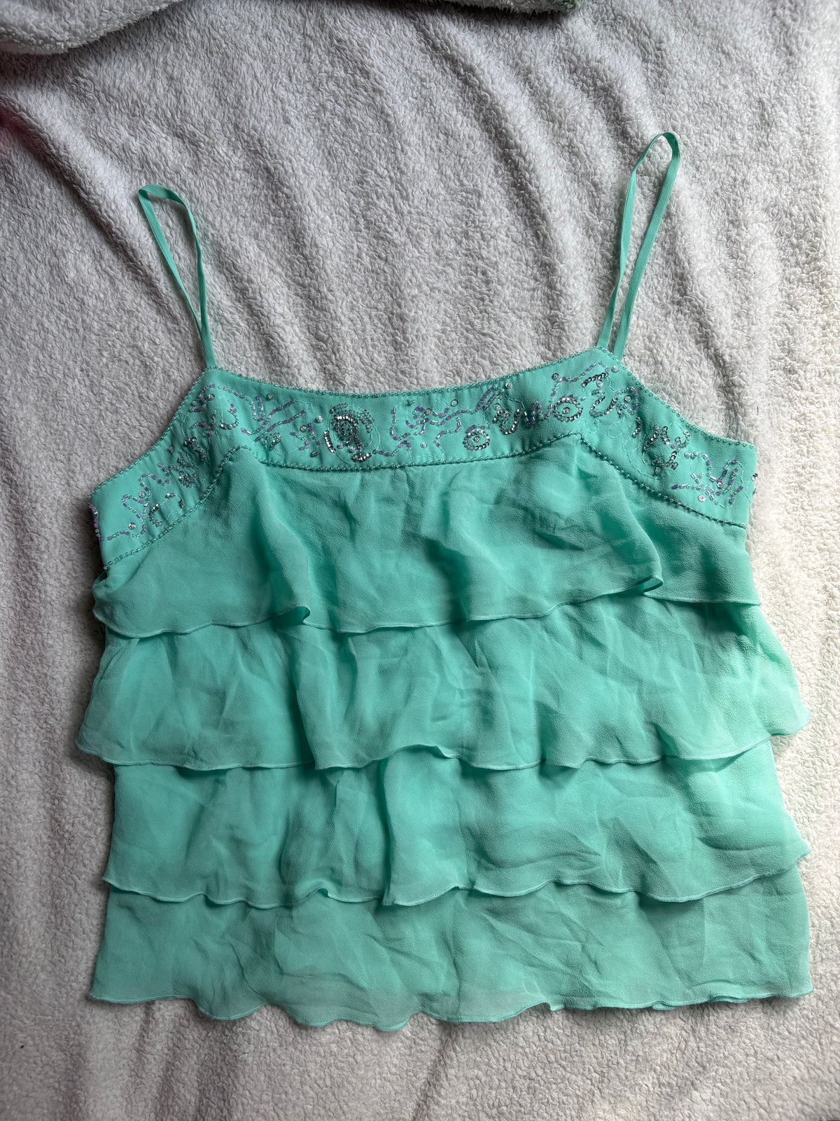 Beaded Silk Turquoise Cami with Tiered detail