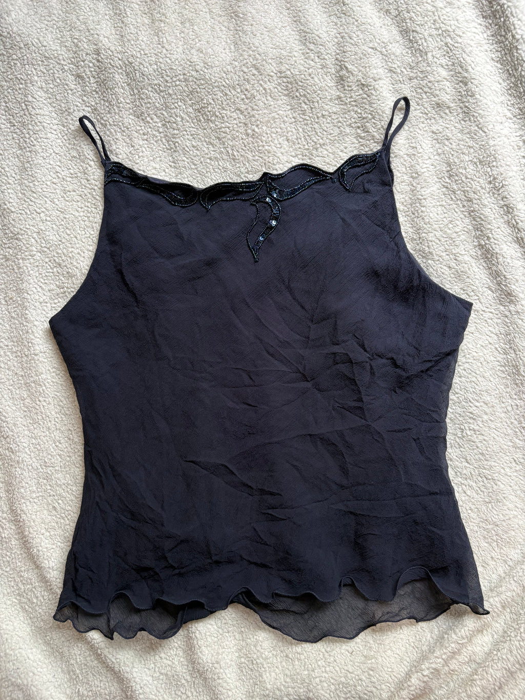 Navy Silk Cami top with beading and lettuce hem