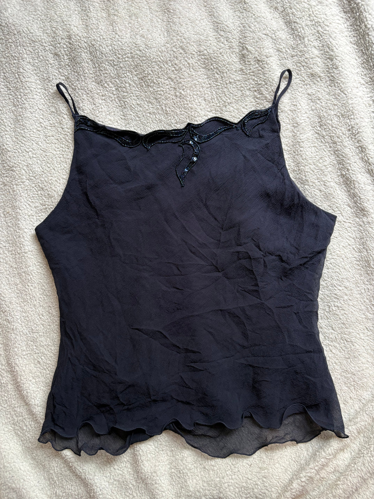 Navy Silk Cami top with beading and lettuce hem