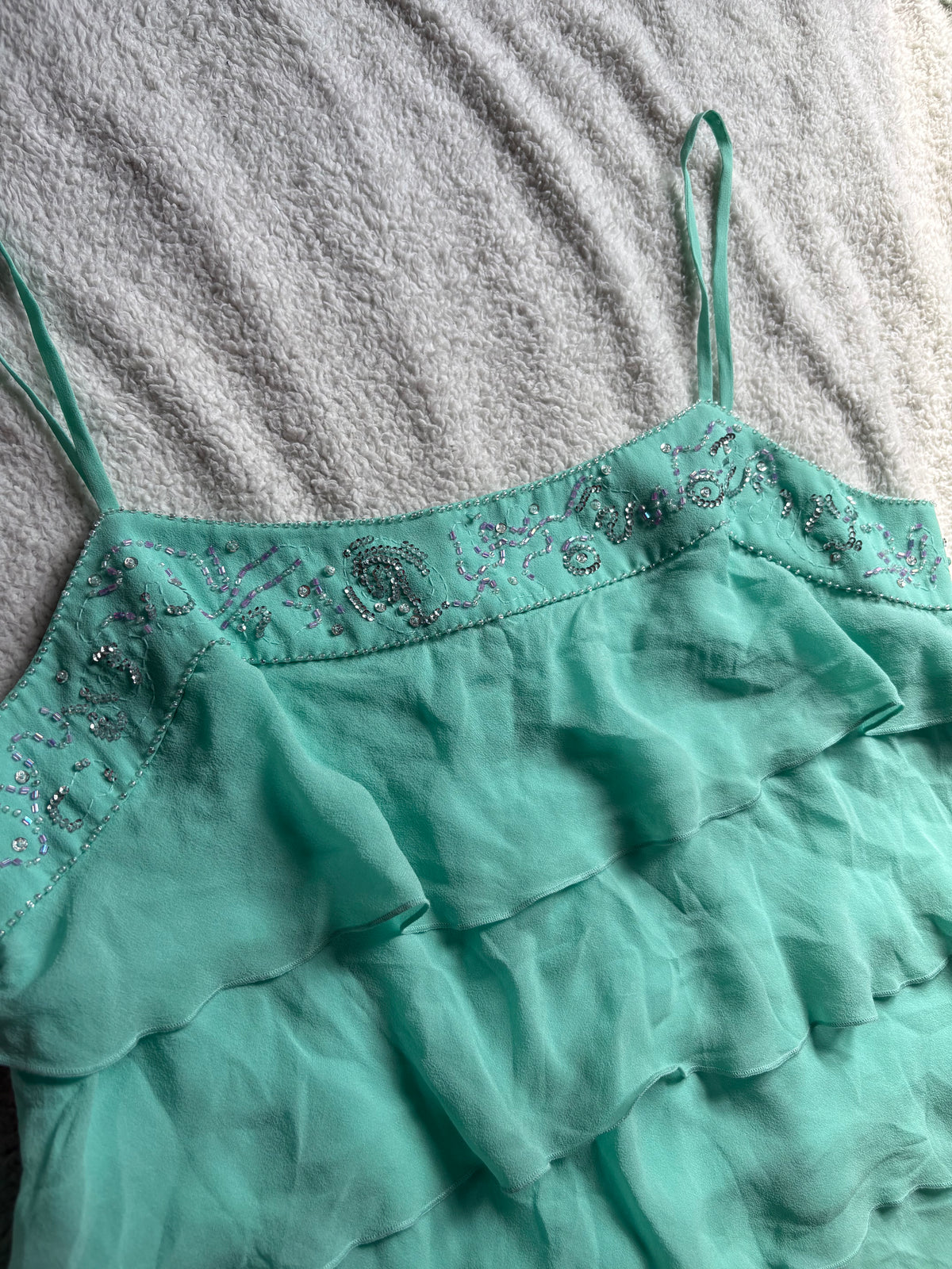 Beaded Silk Turquoise Cami with Tiered detail