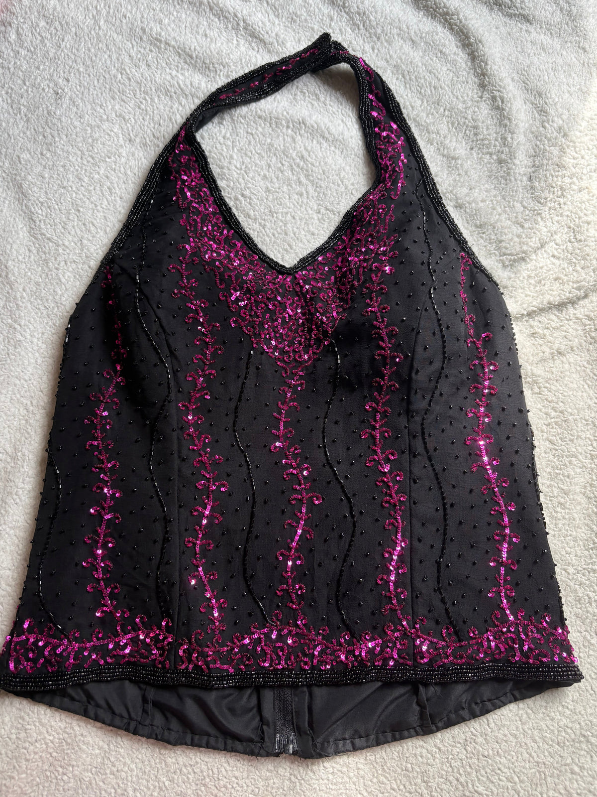 Silk Halter-Neck with pink beaded details