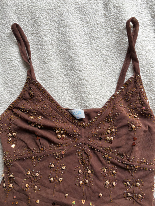 Brown Cami with Gold Beaded Details.